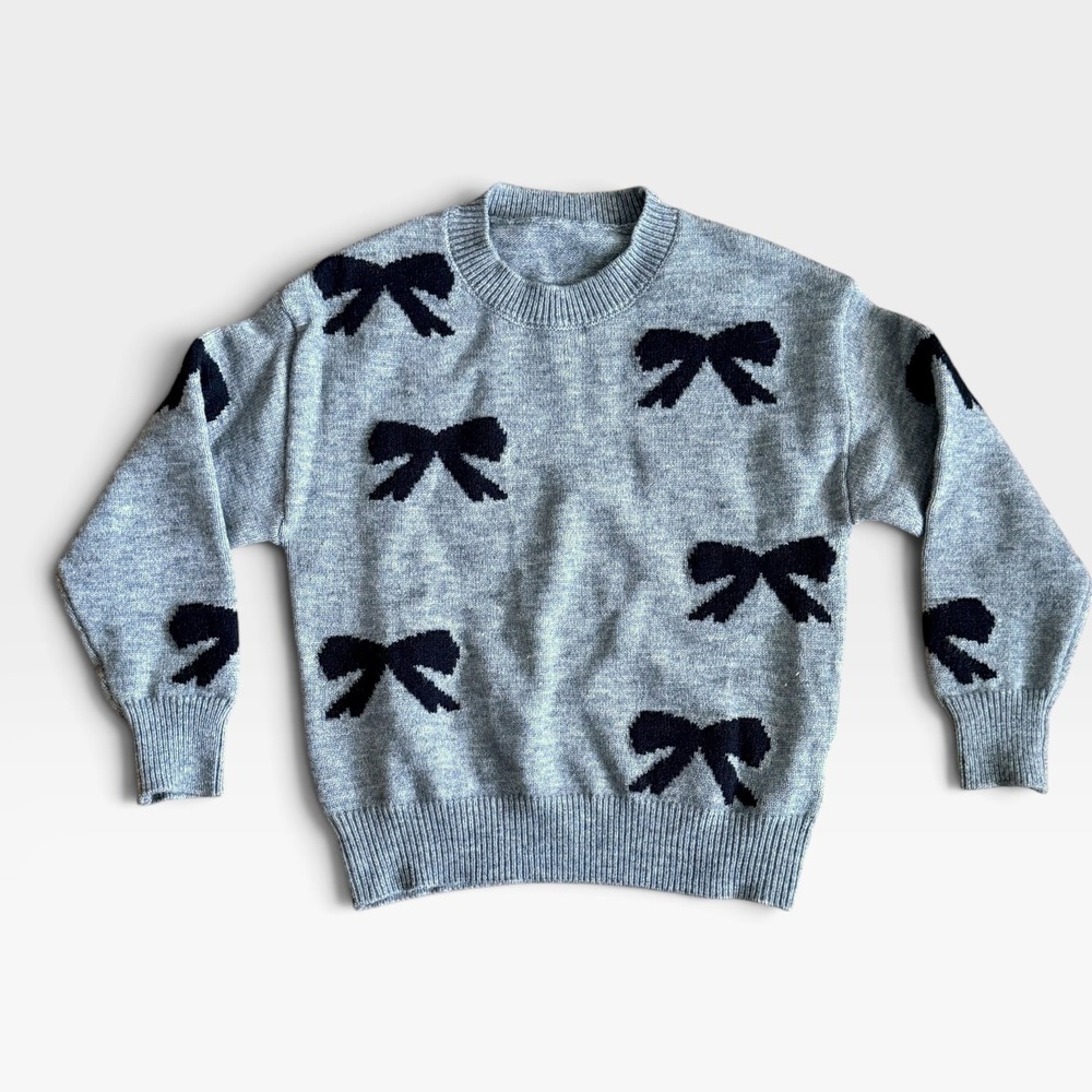 SHEIN Kids Girls Grey Bow Print Knit Pullover Sweater Size 9Y